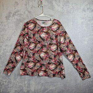 Lands End Womens Long Sleeve Leaf Print Top XL Bold colorful casual boho festive